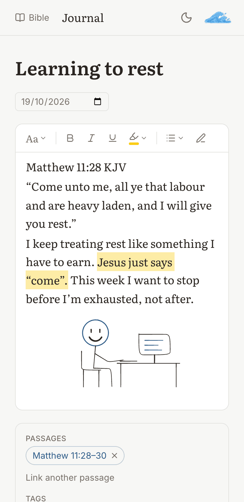 A journal entry with a quoted verse, a highlight and a drawing
