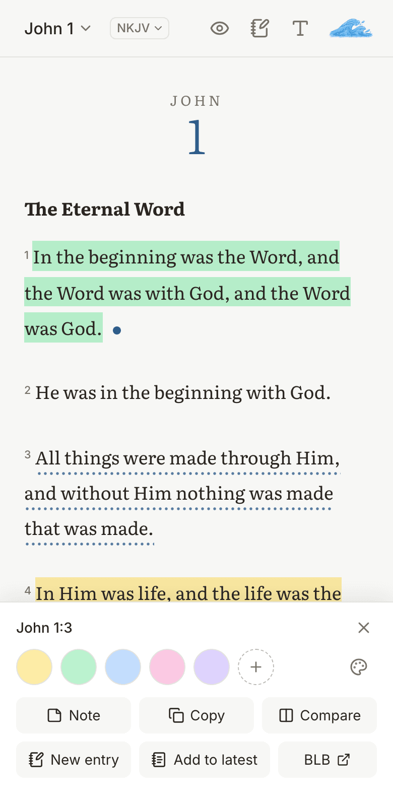 Choosing a highlighter colour for John 1:3