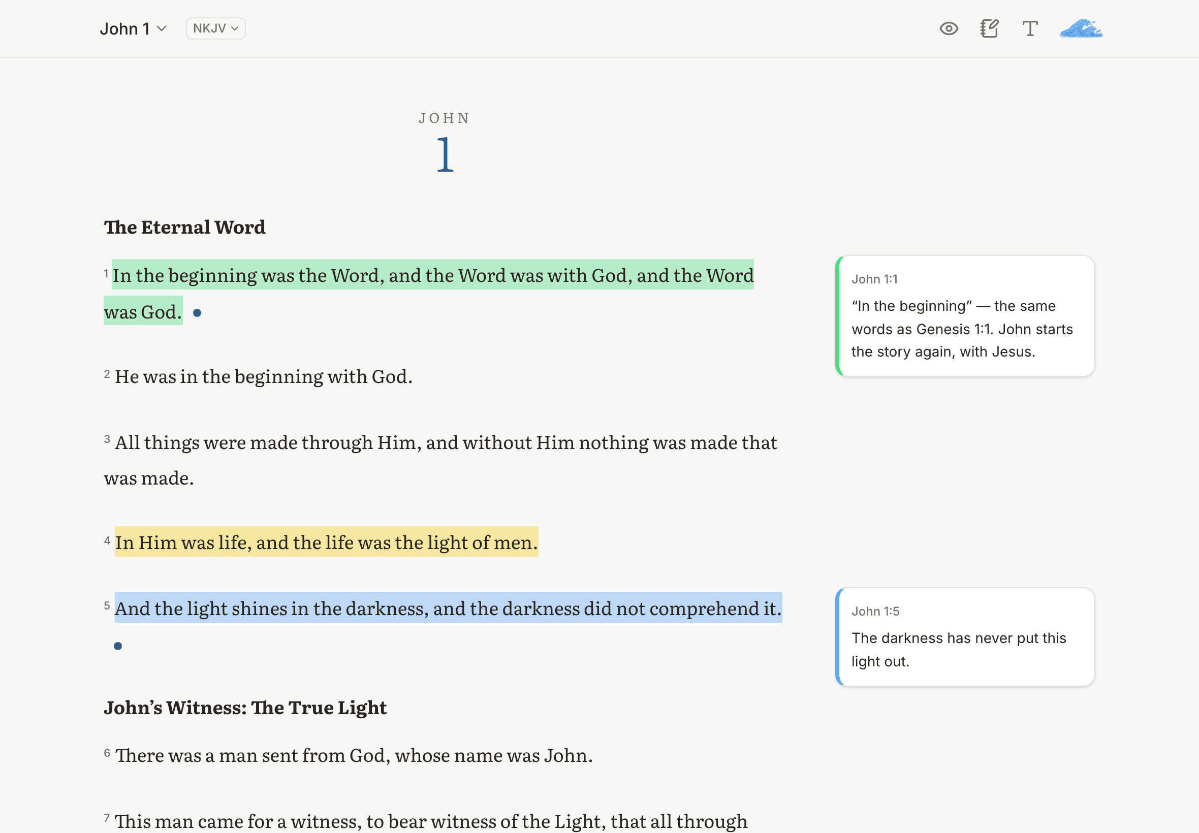John 1 on an iPad, with highlighted verses and notes beside them